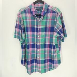 Ralph Lauren Plaid Short Sleeve Button Down Shirt Mens Large Vintage 90s Classic